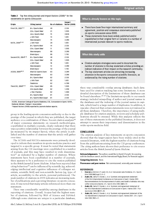 Download Spreading the word on sports concussion: citation analysis of summary and agreement, position and consensus statements on sports concussion.